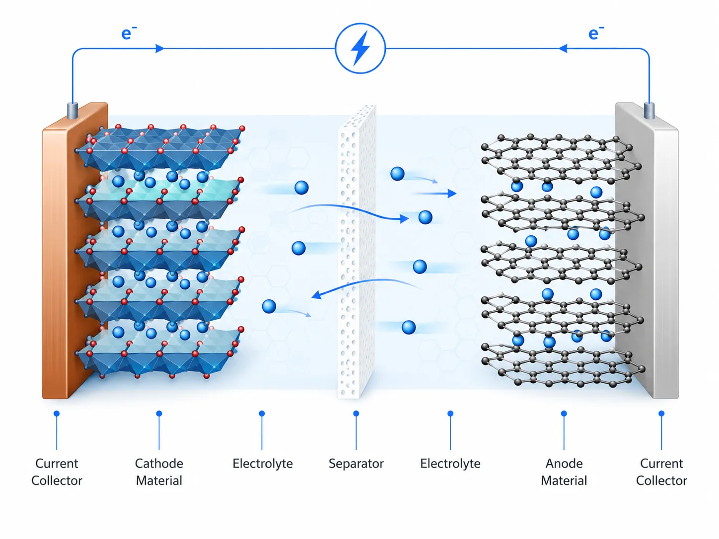 Detailed battery cross-section with layered materials and ion transport