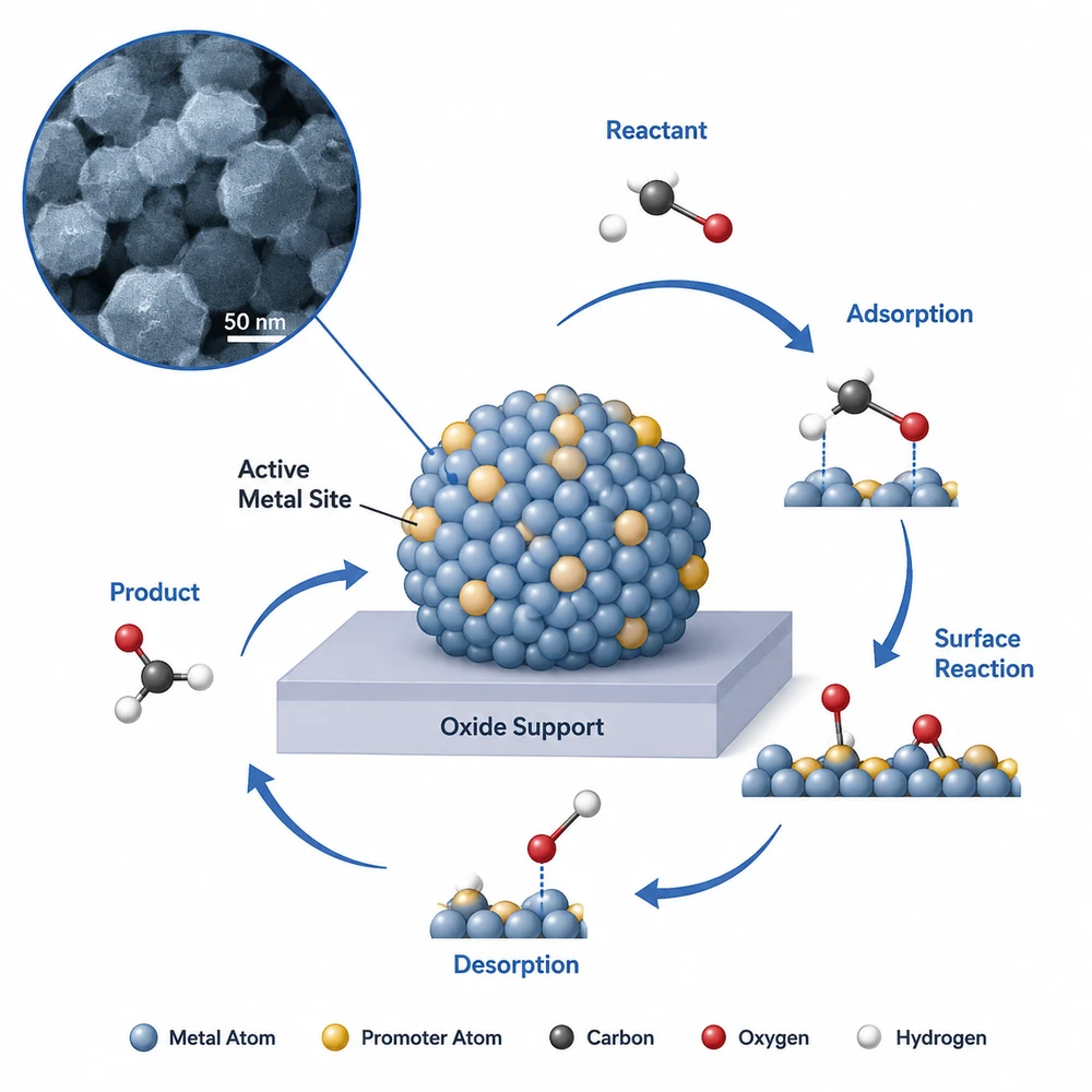 AI-generated composite figure combining a micrograph inset with a mechanism diagram