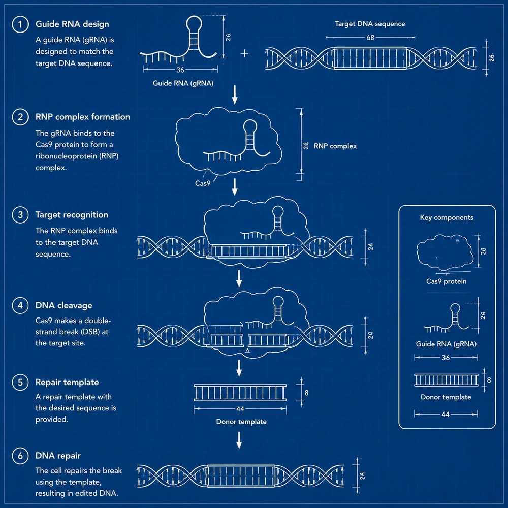 The same biology schematic restyled as a technical blueprint with thin white lines on a deep blue ground